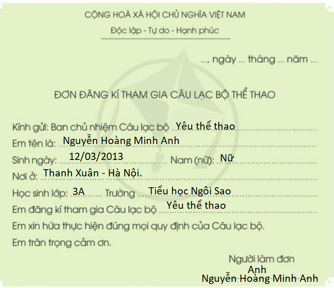 H2. Làm đơn tham gia câu lạc bộ thể thao